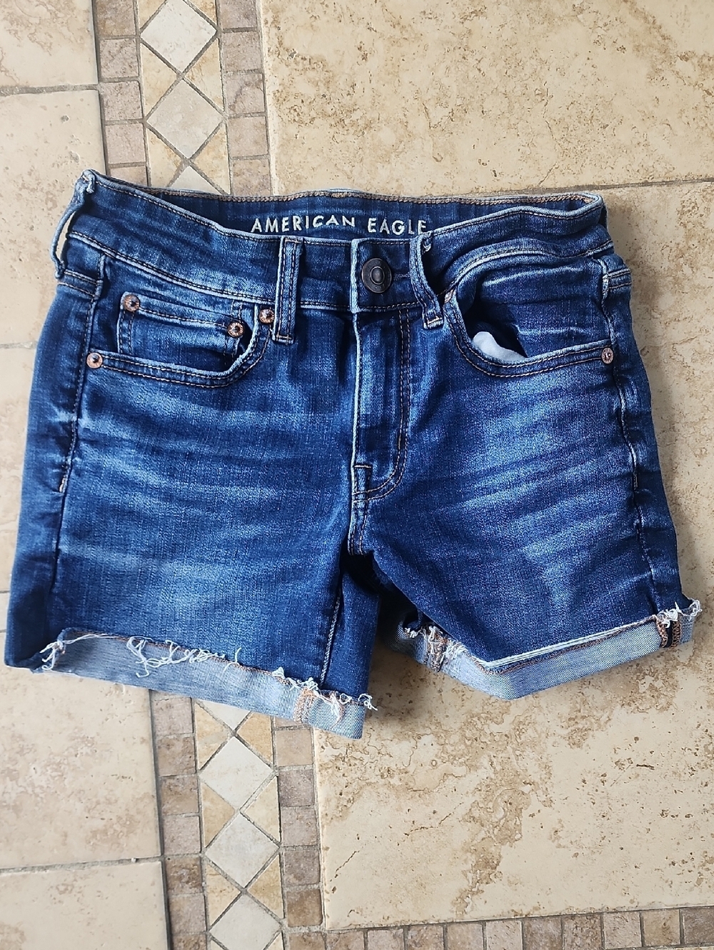 American Eagle Outfitters Dark Blue Distressed Denim Shorts Midi